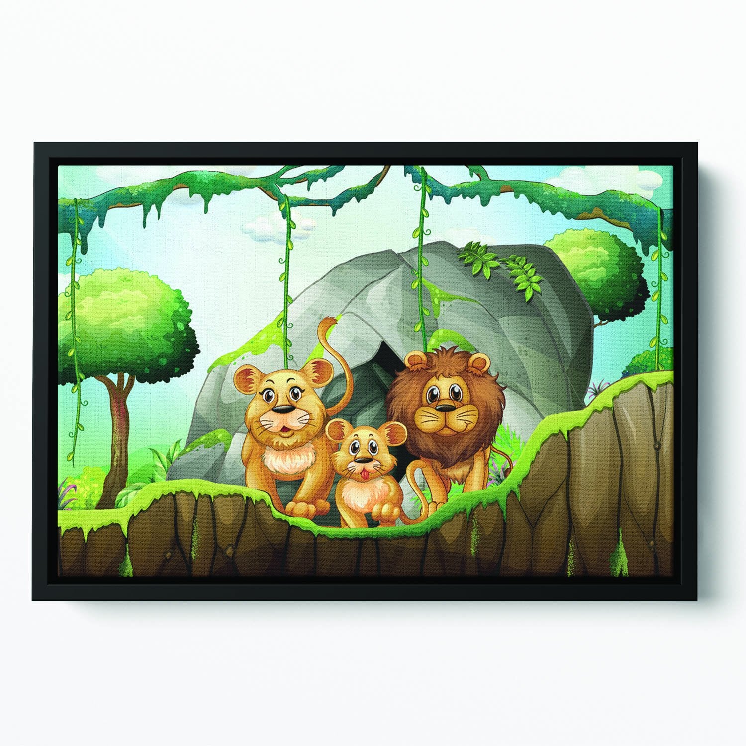 Lion family living in the jungle Floating Framed Canvas