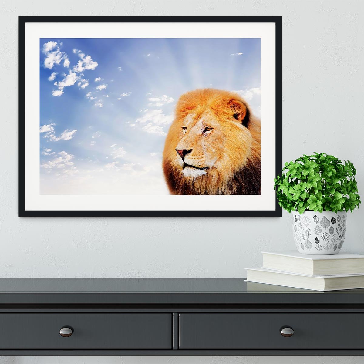 Lion on a sky background Framed Print - Canvas Art Rocks - 1