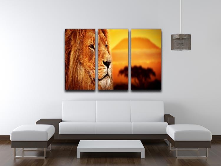 Lion portrait on savanna landscape 3 Split Panel Canvas Print - Canvas Art Rocks - 3
