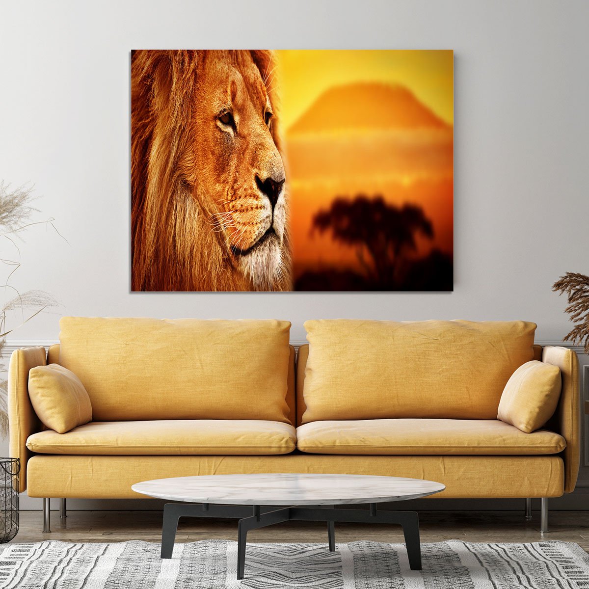 Lion portrait on savanna landscape Canvas Print or Poster