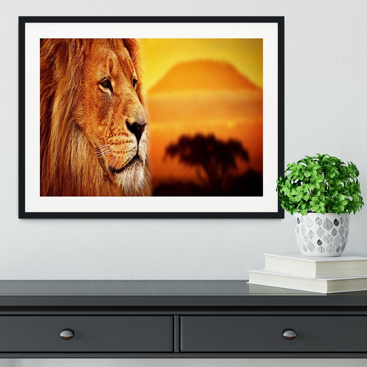 Lion portrait on savanna landscape Framed Print - Canvas Art Rocks - 1