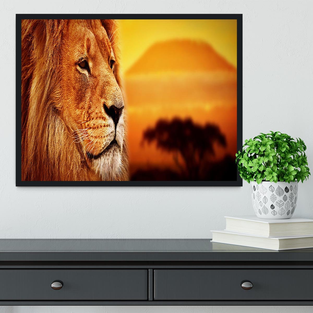 Lion portrait on savanna landscape Framed Print - Canvas Art Rocks - 2