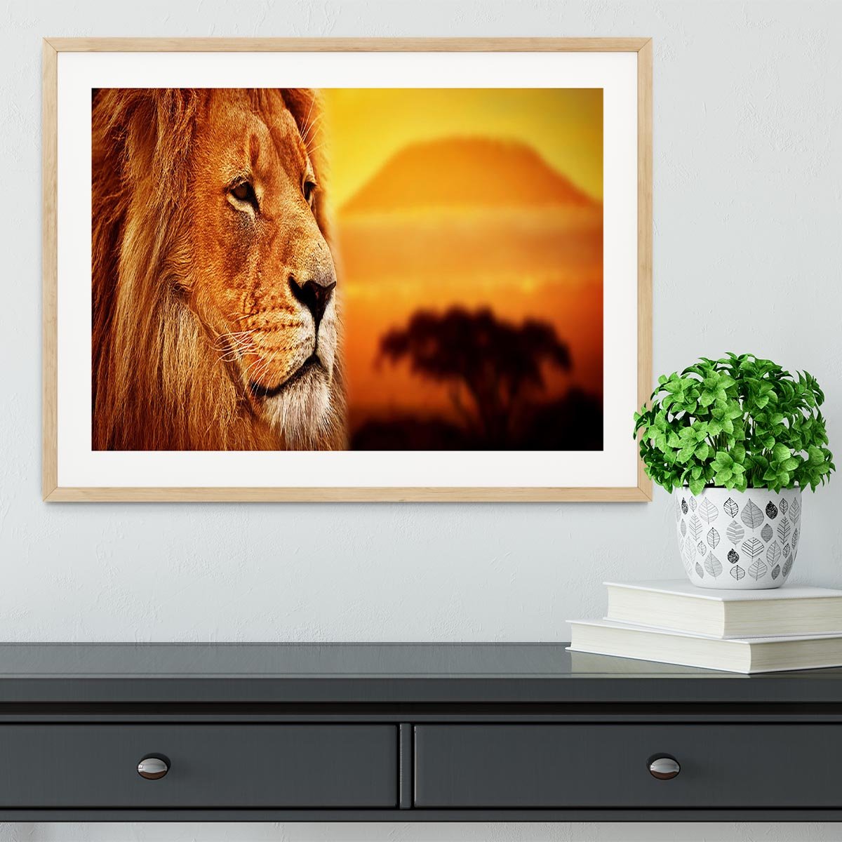 Lion portrait on savanna landscape Framed Print - Canvas Art Rocks - 3