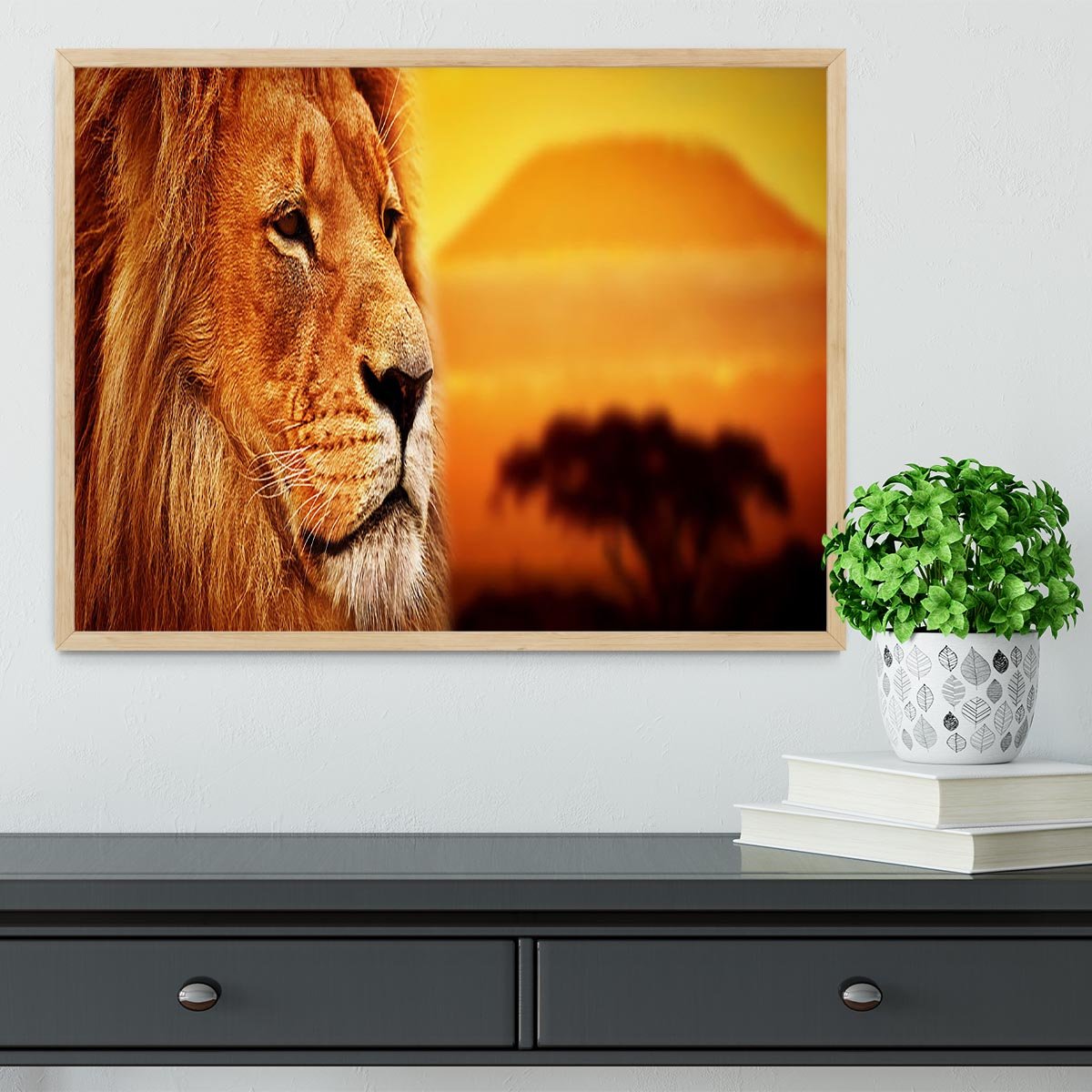 Lion portrait on savanna landscape Framed Print - Canvas Art Rocks - 4