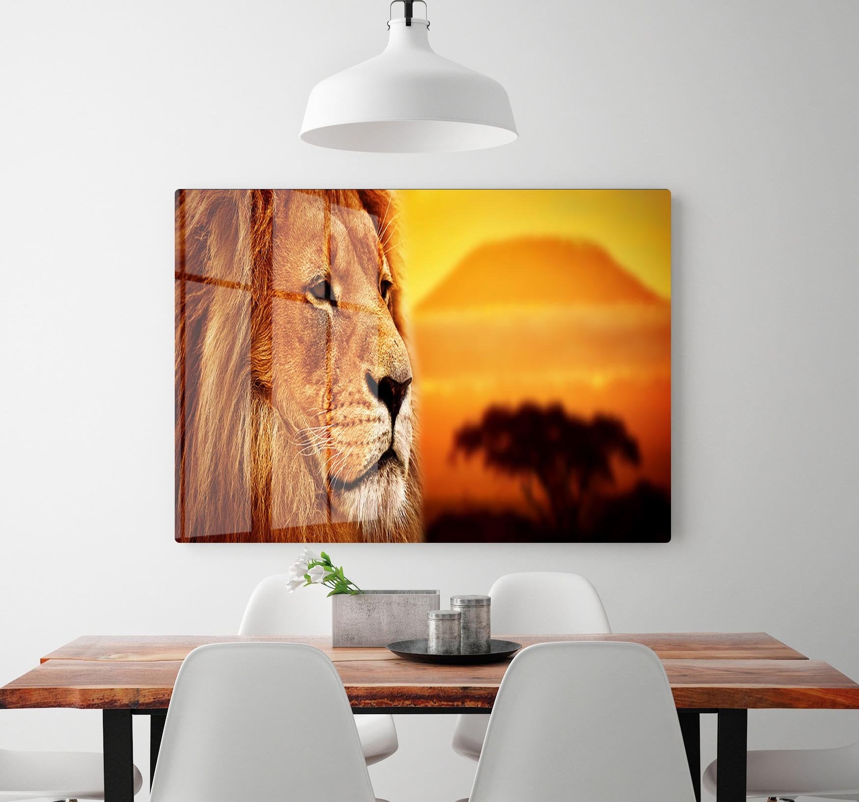 Lion portrait on savanna landscape HD Metal Print - Canvas Art Rocks - 2