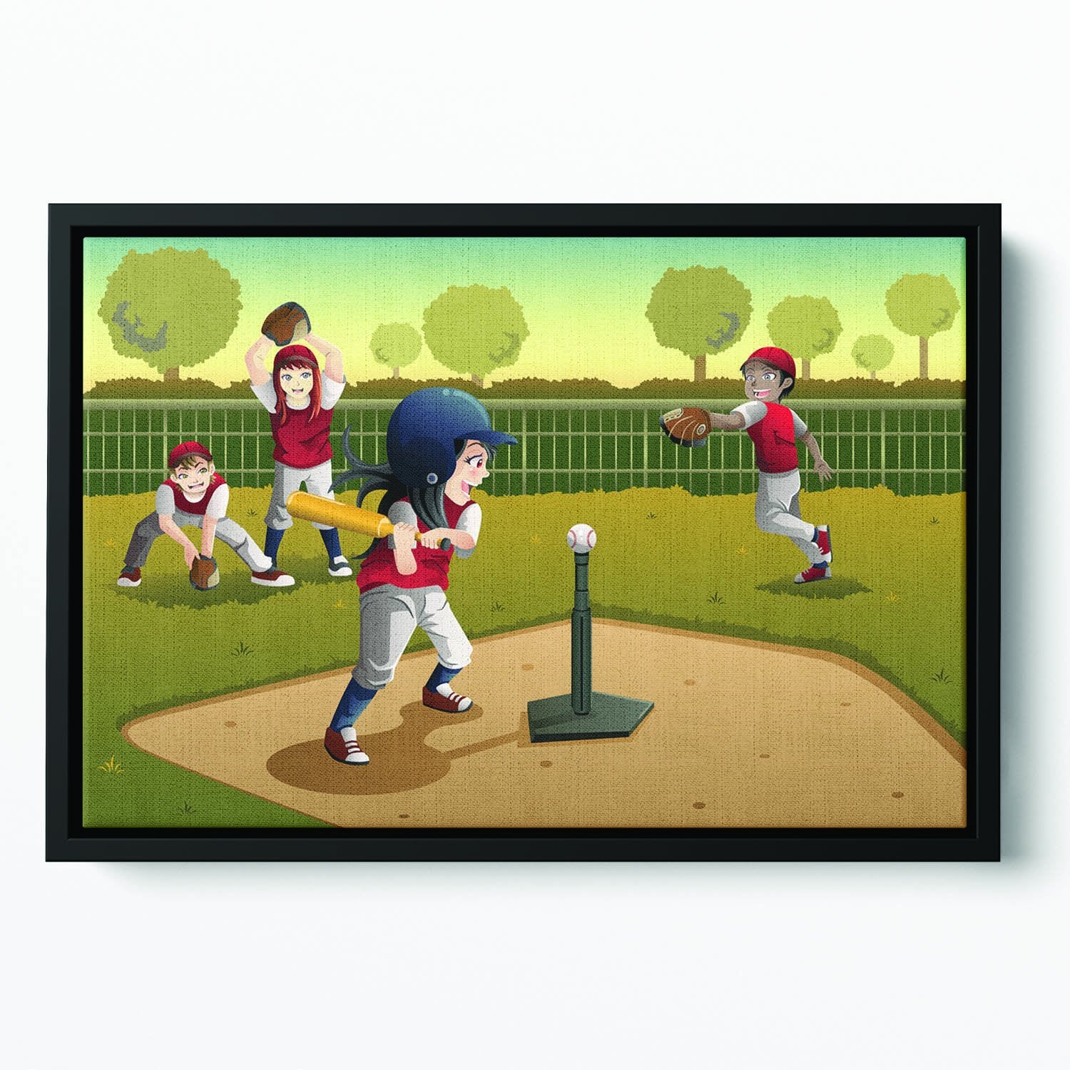 Little kids playing Tee ball Floating Framed Canvas