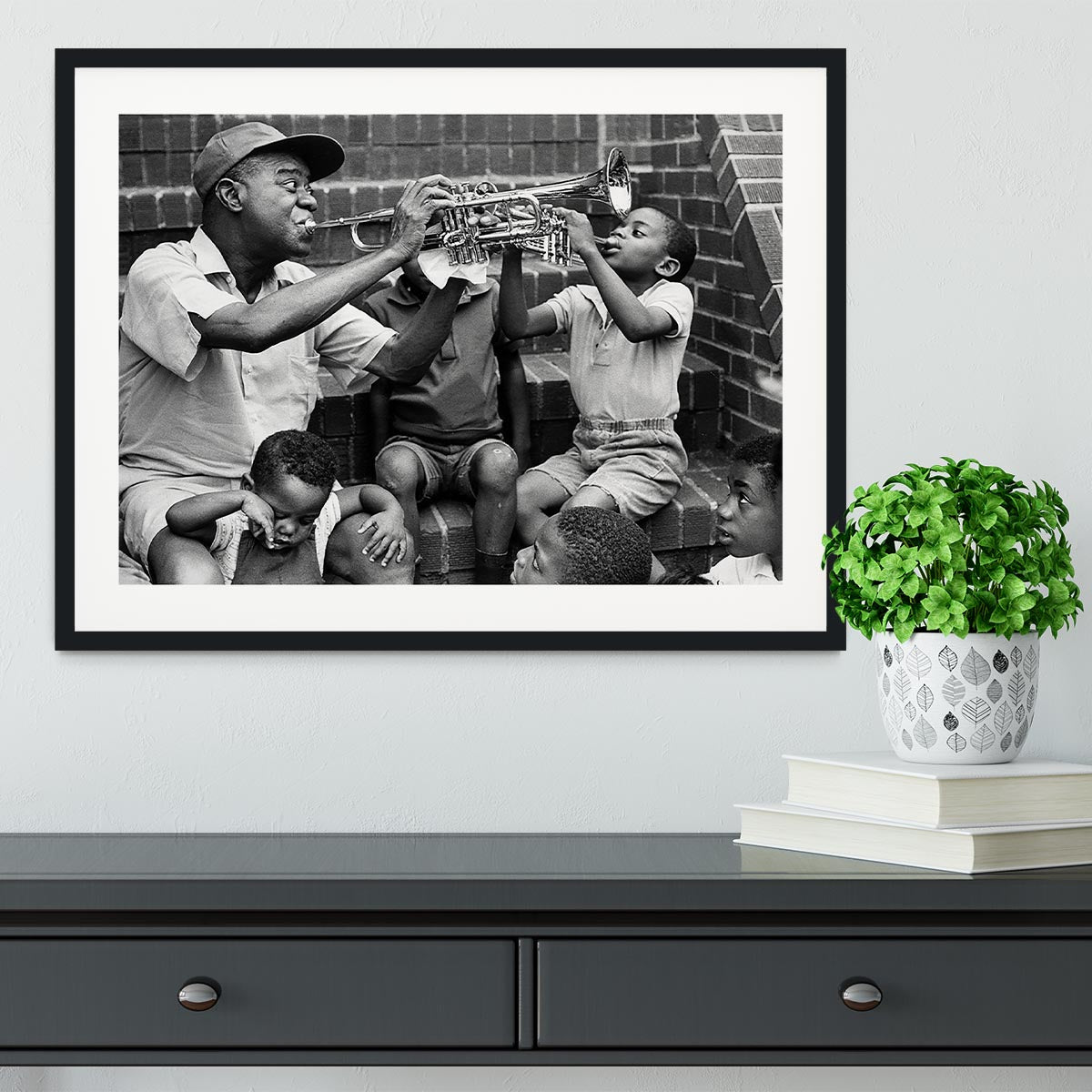 Louis Armstrong with kids Framed Print - Canvas Art Rocks - 1