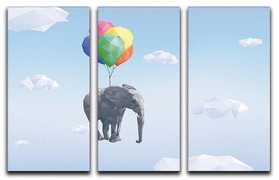 Low Poly Elephant attached to balloons flying through cloudy sky 3 Split Panel Canvas Print - Canvas Art Rocks - 1