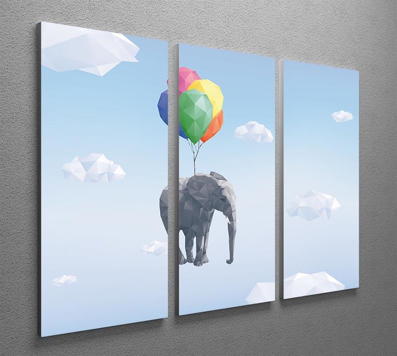 Low Poly Elephant attached to balloons flying through cloudy sky 3 Split Panel Canvas Print - Canvas Art Rocks - 2