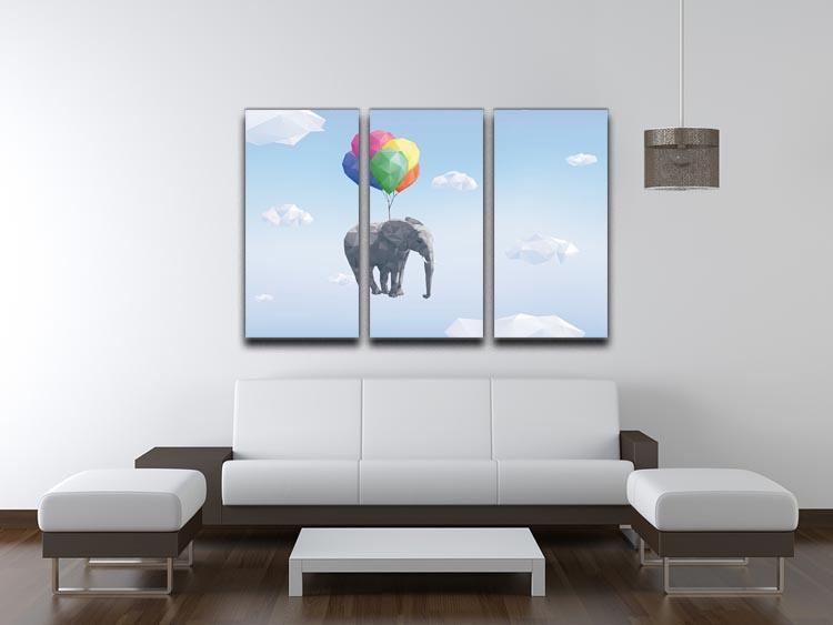 Low Poly Elephant attached to balloons flying through cloudy sky 3 Split Panel Canvas Print - Canvas Art Rocks - 3