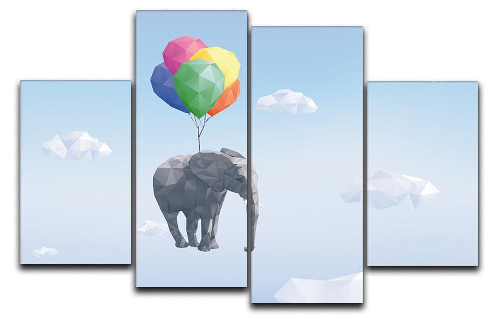 Low Poly Elephant attached to balloons flying through cloudy sky 4 Split Panel Canvas - Canvas Art Rocks - 1