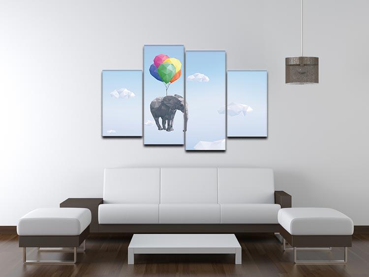 Low Poly Elephant attached to balloons flying through cloudy sky 4 Split Panel Canvas - Canvas Art Rocks - 3