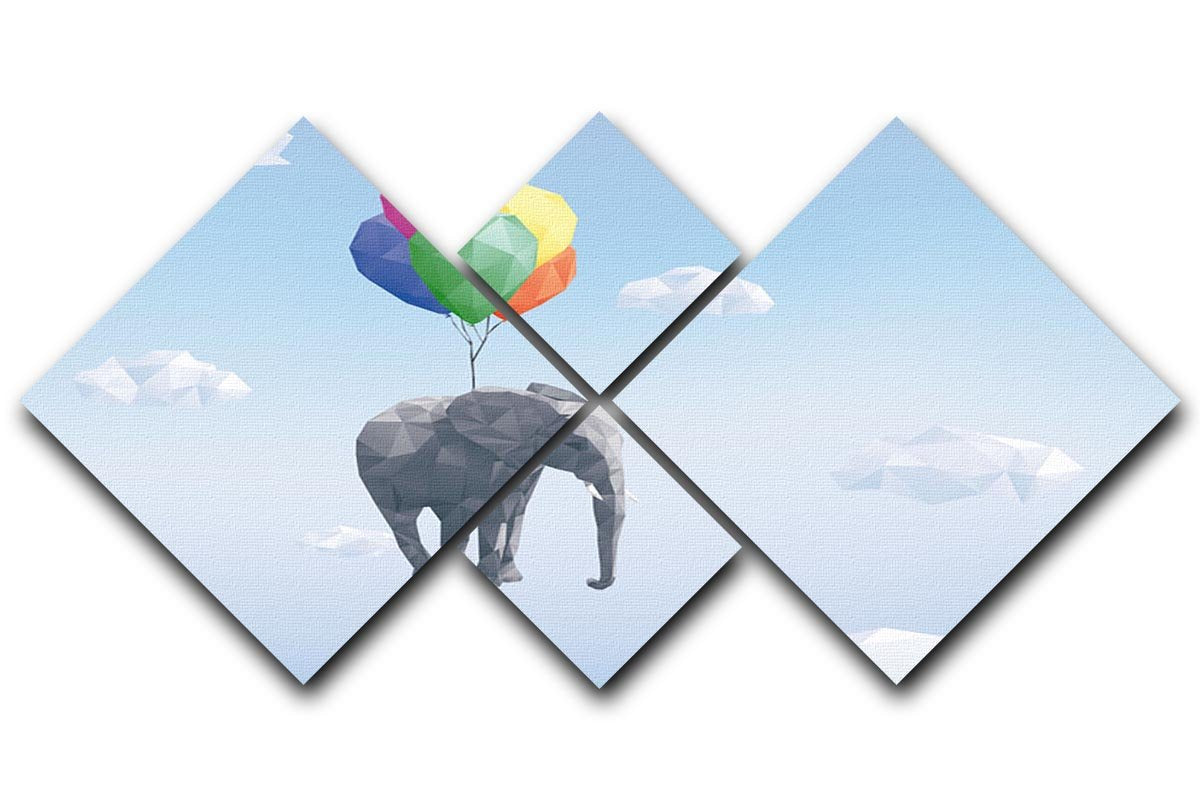 Low Poly Elephant attached to balloons flying through cloudy sky 4 Square Multi Panel Canvas - Canvas Art Rocks - 1