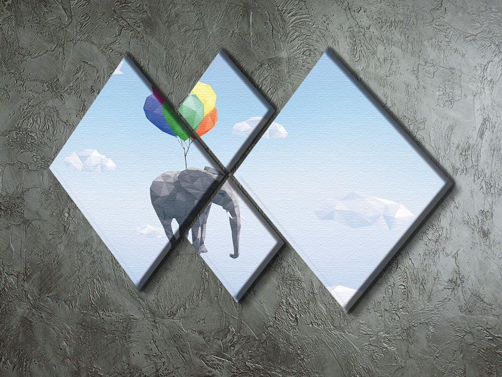 Low Poly Elephant attached to balloons flying through cloudy sky 4 Square Multi Panel Canvas - Canvas Art Rocks - 2