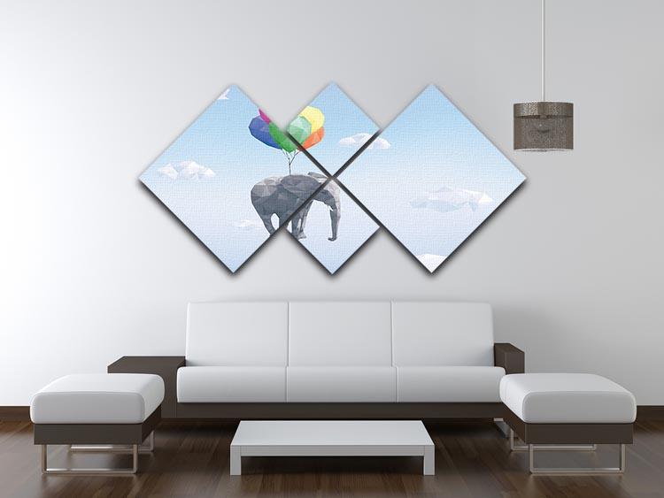 Low Poly Elephant attached to balloons flying through cloudy sky 4 Square Multi Panel Canvas - Canvas Art Rocks - 3