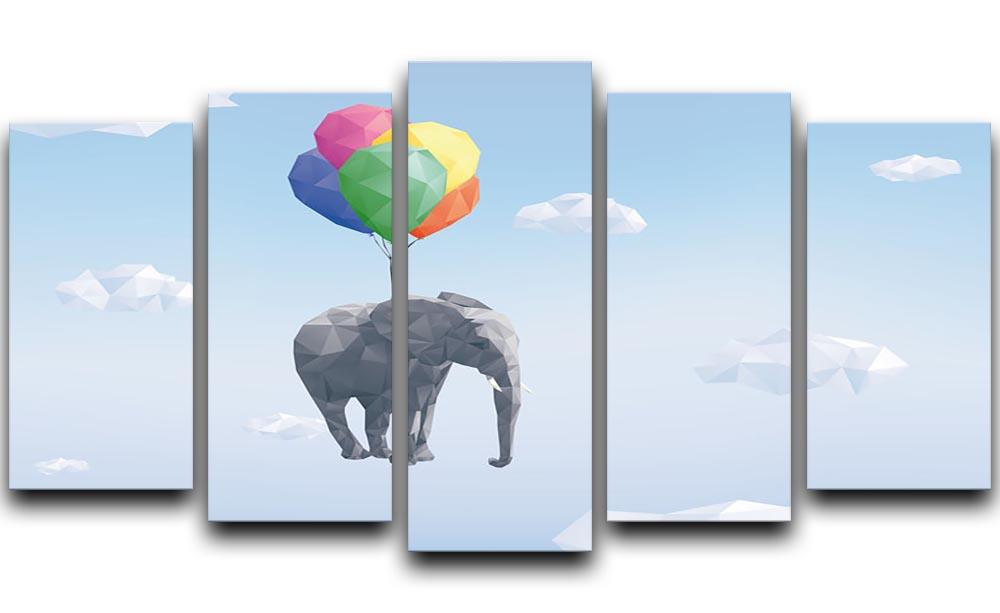 Low Poly Elephant attached to balloons flying through cloudy sky 5 Split Panel Canvas - Canvas Art Rocks - 1