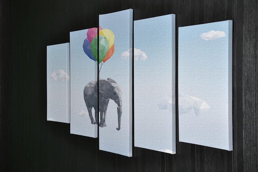 Low Poly Elephant attached to balloons flying through cloudy sky 5 Split Panel Canvas - Canvas Art Rocks - 2