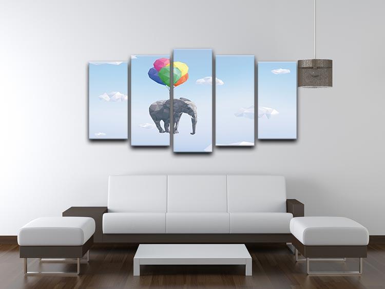 Low Poly Elephant attached to balloons flying through cloudy sky 5 Split Panel Canvas - Canvas Art Rocks - 3