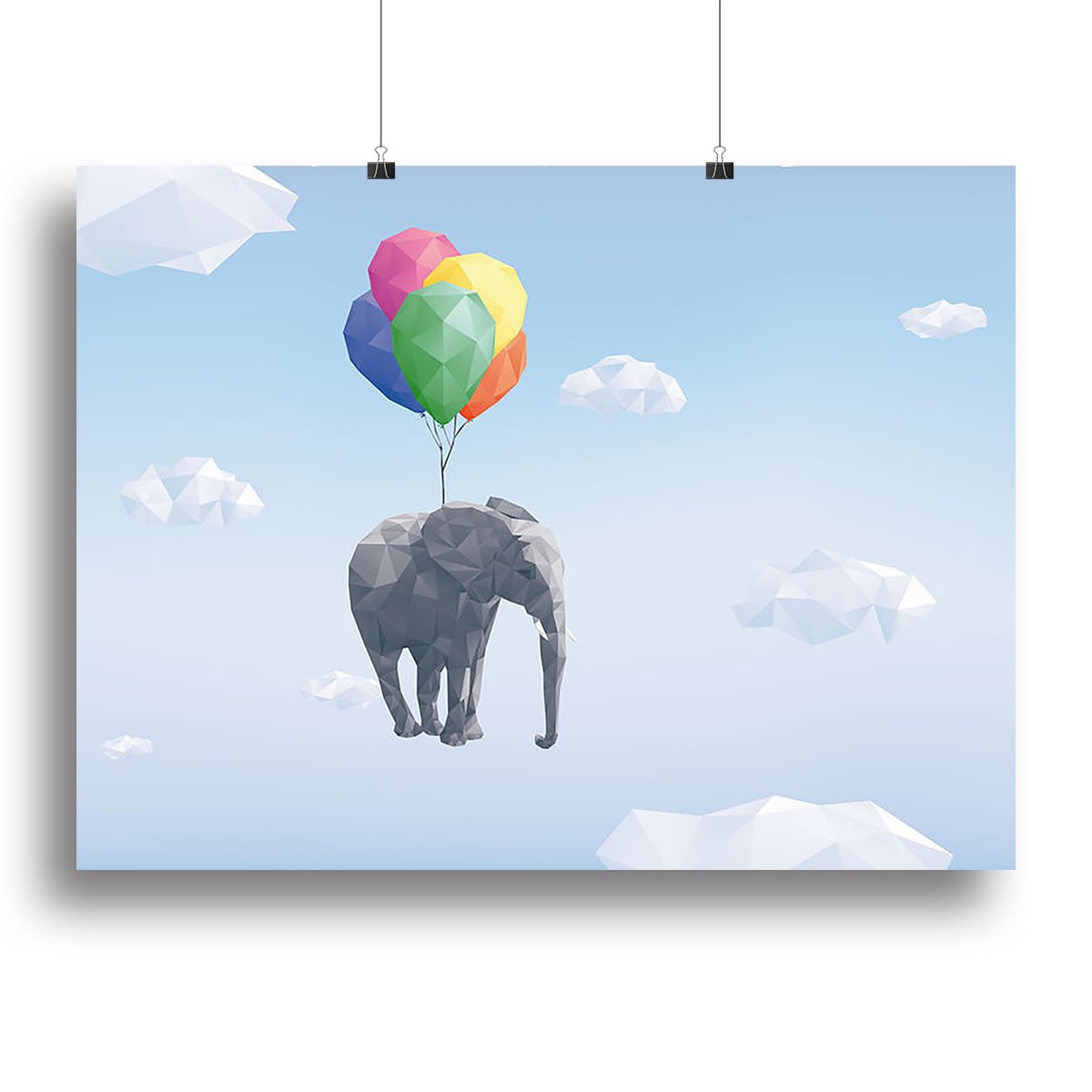 Low Poly Elephant attached to balloons flying through cloudy sky Canvas Print or Poster