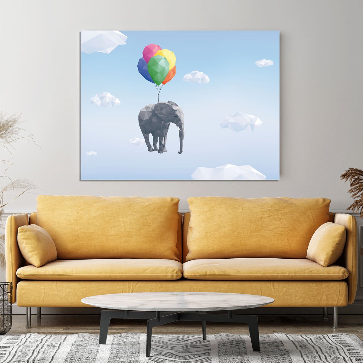 Low Poly Elephant attached to balloons flying through cloudy sky Canvas Print or Poster
