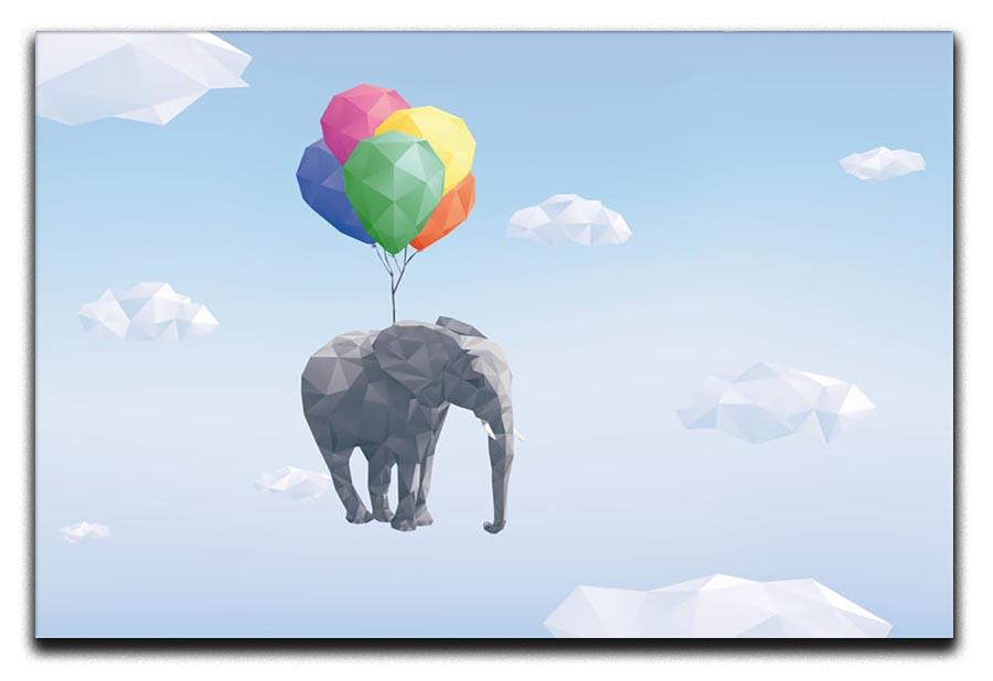 Low Poly Elephant attached to balloons flying through cloudy sky Canvas Print or Poster - Canvas Art Rocks - 1