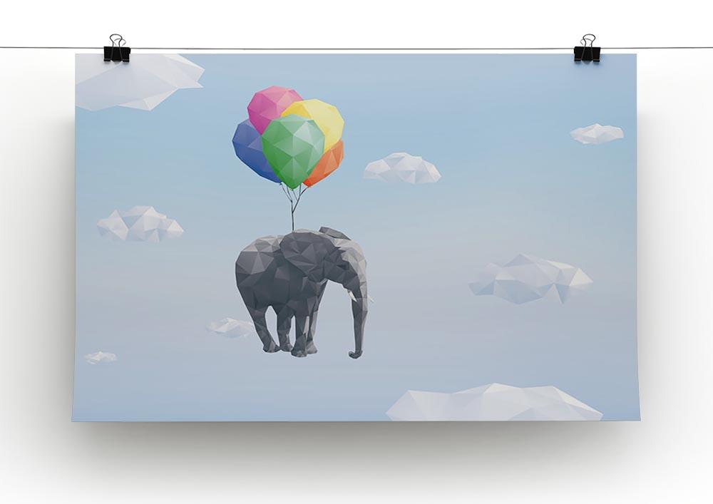Low Poly Elephant attached to balloons flying through cloudy sky Canvas Print or Poster - Canvas Art Rocks - 2