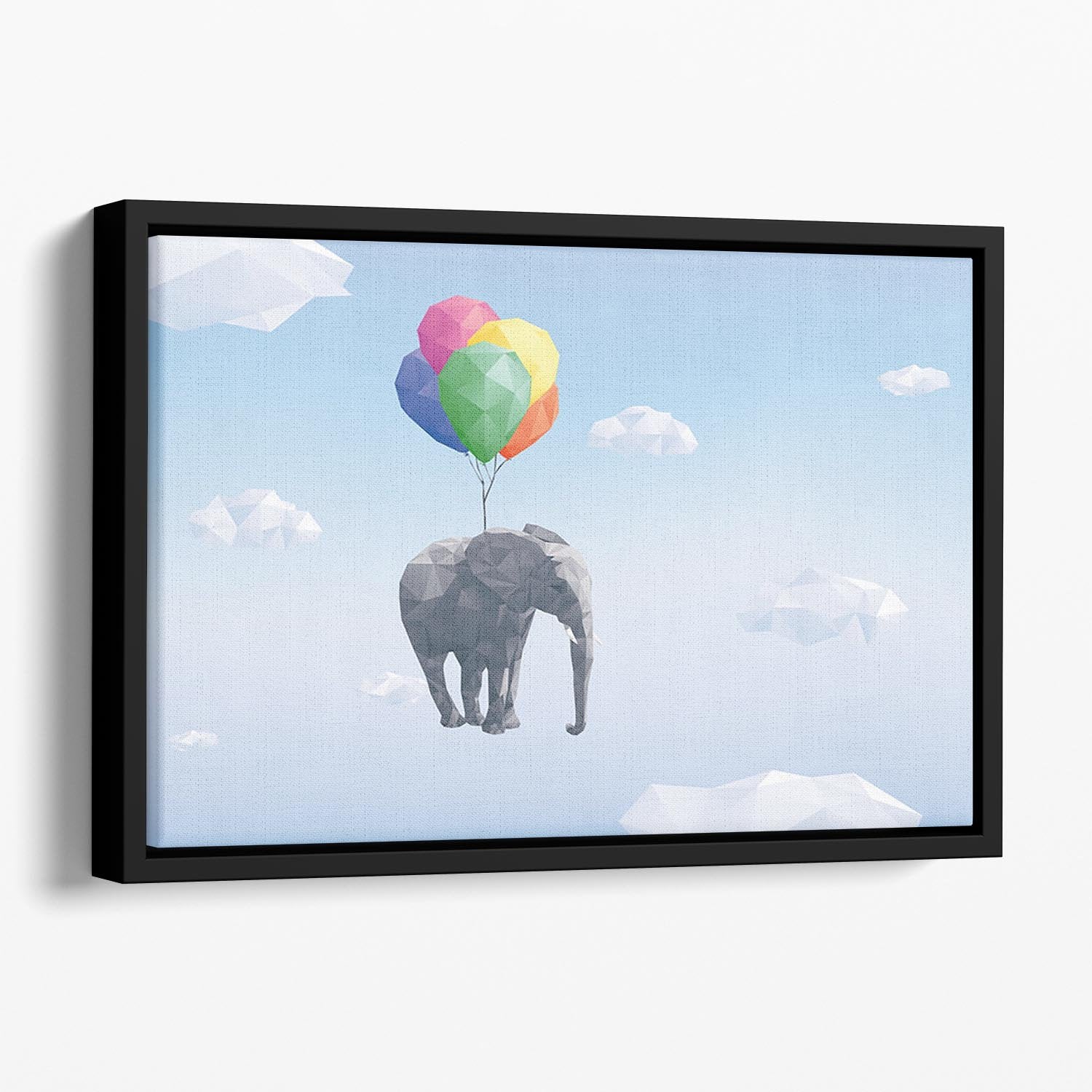 Low Poly Elephant attached to balloons flying through cloudy sky Floating Framed Canvas - Canvas Art Rocks - 1