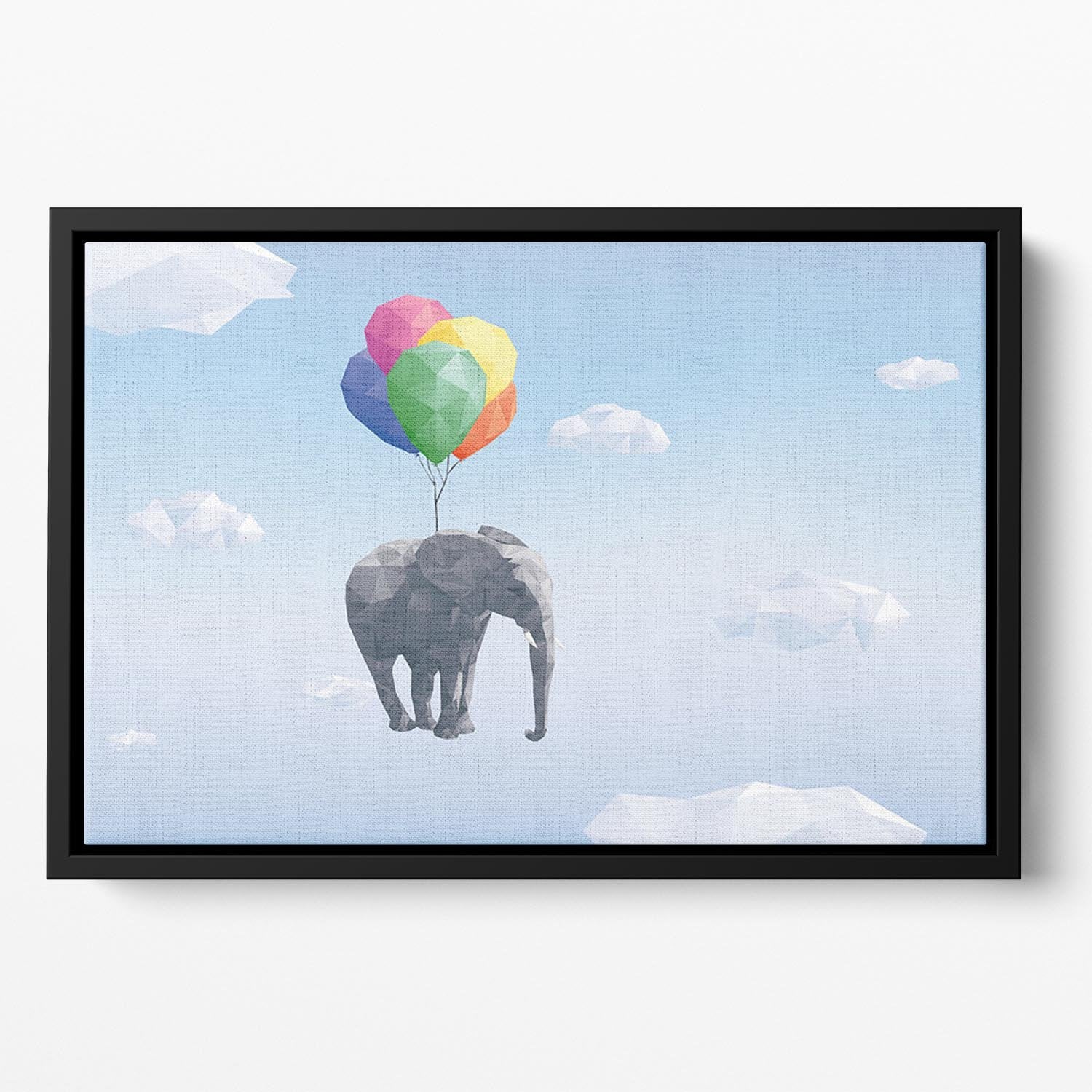 Low Poly Elephant attached to balloons flying through cloudy sky Floating Framed Canvas - Canvas Art Rocks - 2