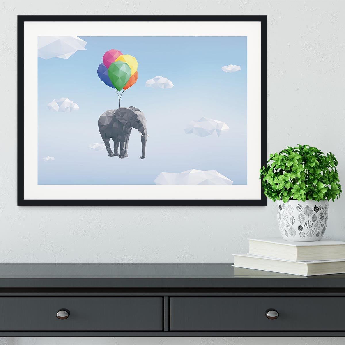 Low Poly Elephant attached to balloons flying through cloudy sky Framed Print - Canvas Art Rocks - 1