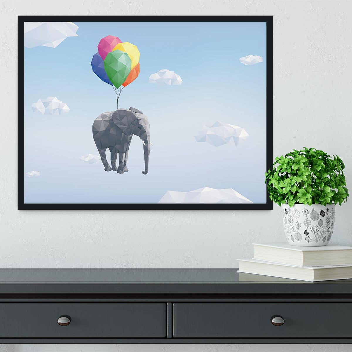 Low Poly Elephant attached to balloons flying through cloudy sky Framed Print - Canvas Art Rocks - 2