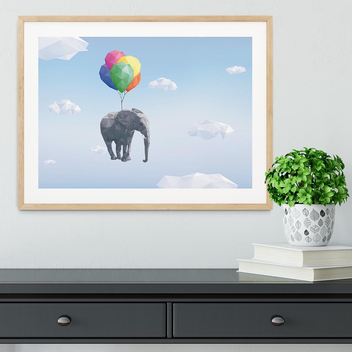 Low Poly Elephant attached to balloons flying through cloudy sky Framed Print - Canvas Art Rocks - 3