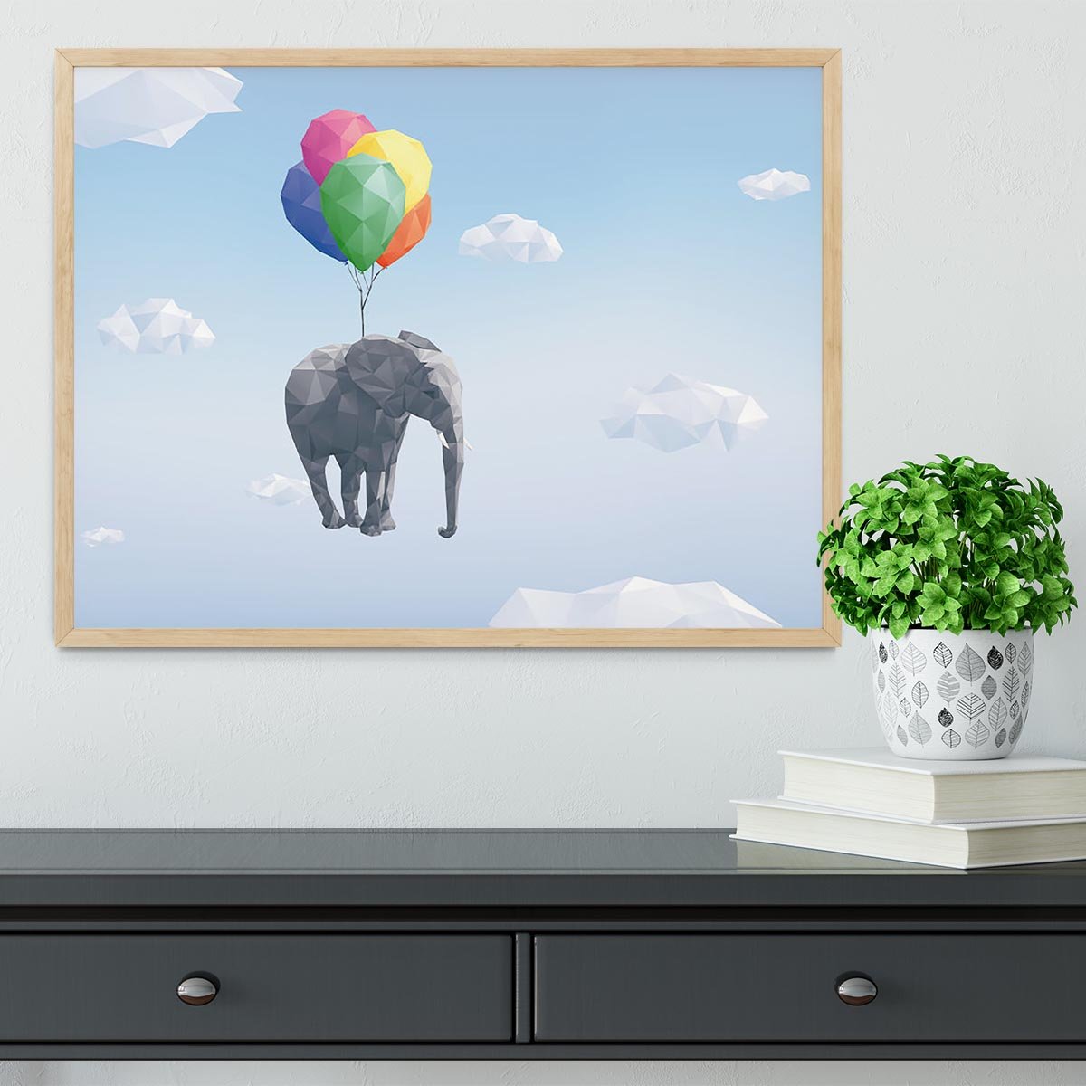 Low Poly Elephant attached to balloons flying through cloudy sky Framed Print - Canvas Art Rocks - 4