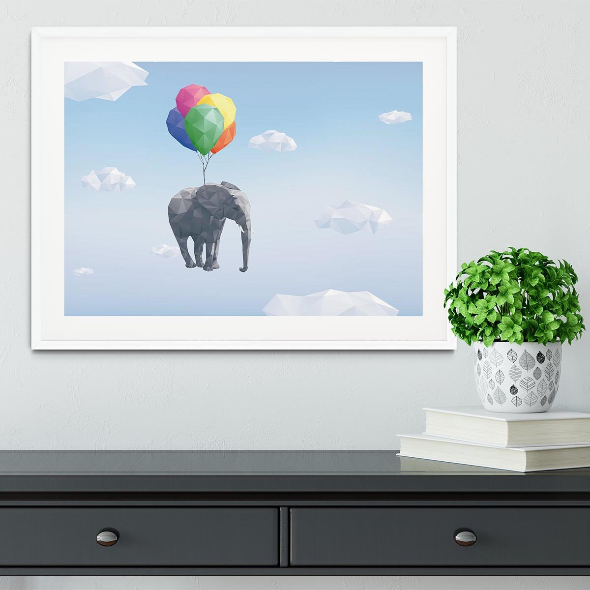 Low Poly Elephant attached to balloons flying through cloudy sky Framed Print - Canvas Art Rocks - 5