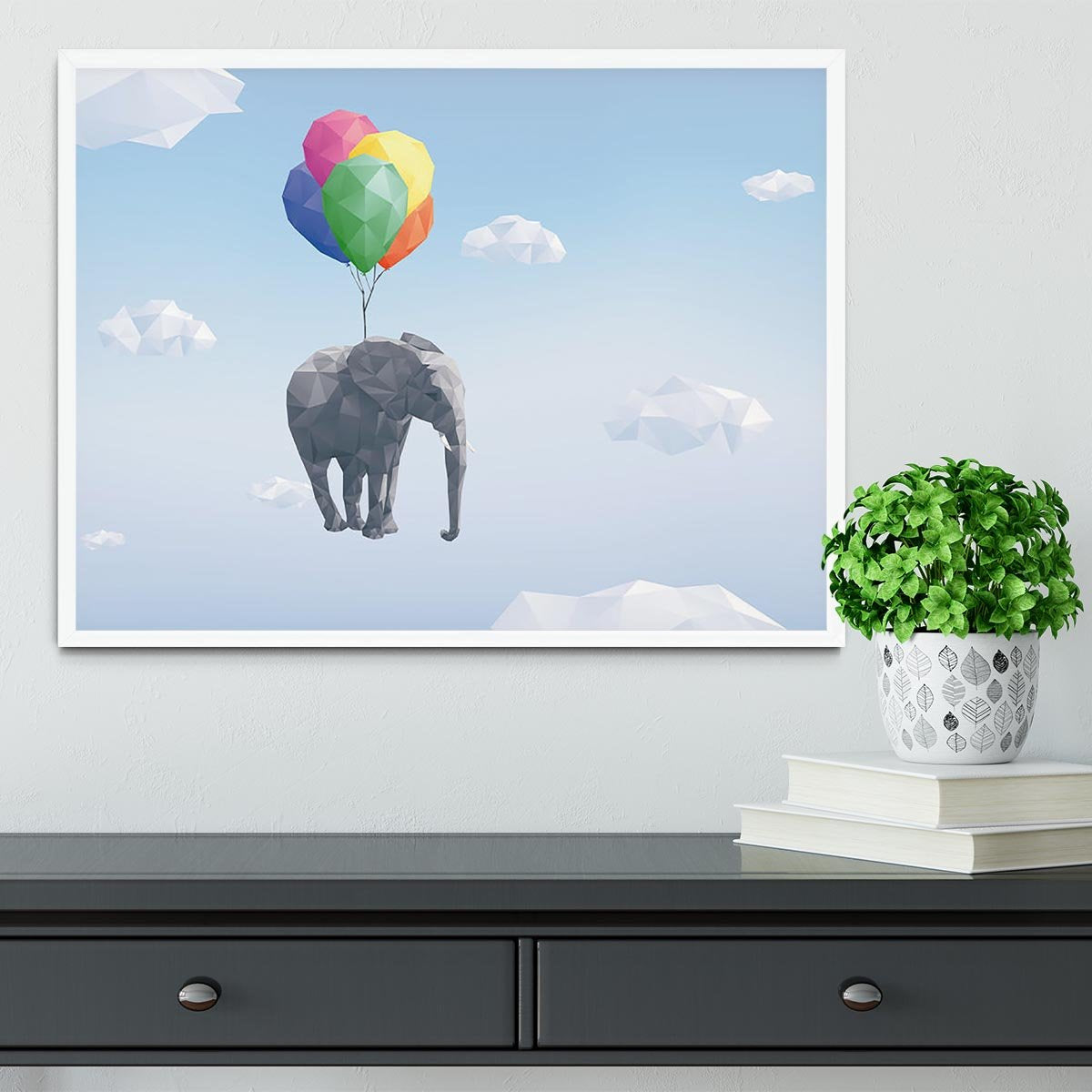 Low Poly Elephant attached to balloons flying through cloudy sky Framed Print - Canvas Art Rocks -6