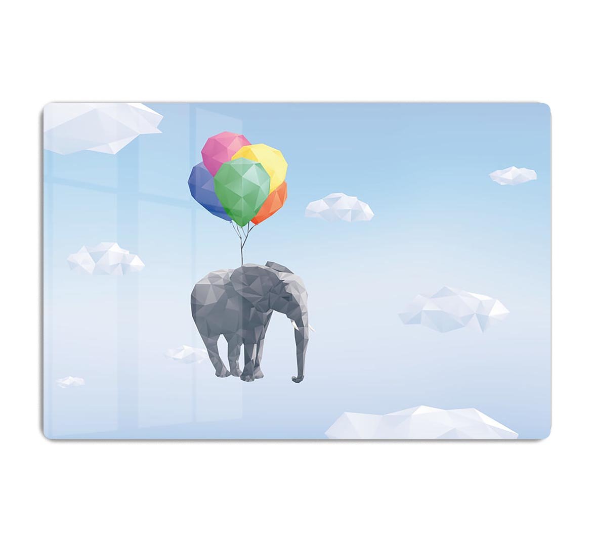Low Poly Elephant attached to balloons flying through cloudy sky HD Metal Print - Canvas Art Rocks - 1