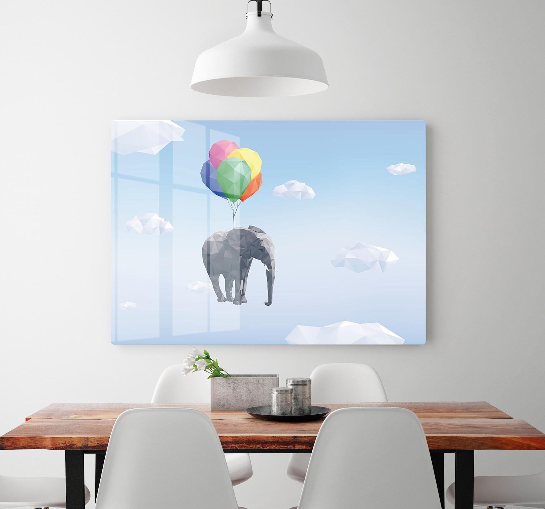 Low Poly Elephant attached to balloons flying through cloudy sky HD Metal Print - Canvas Art Rocks - 2