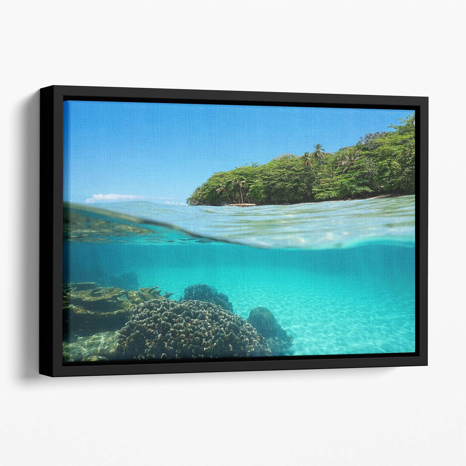 Lush tropical shore above waterline Floating Framed Canvas
