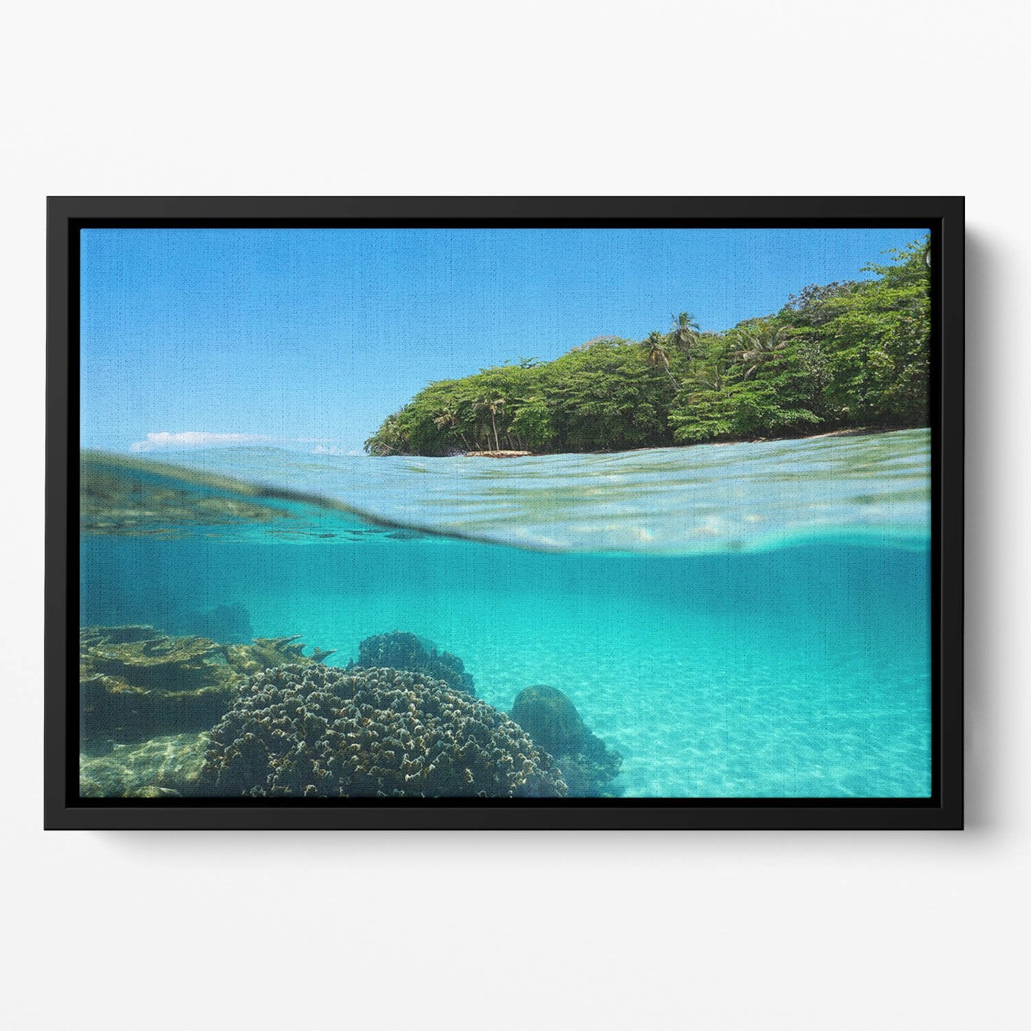 Lush tropical shore above waterline Floating Framed Canvas