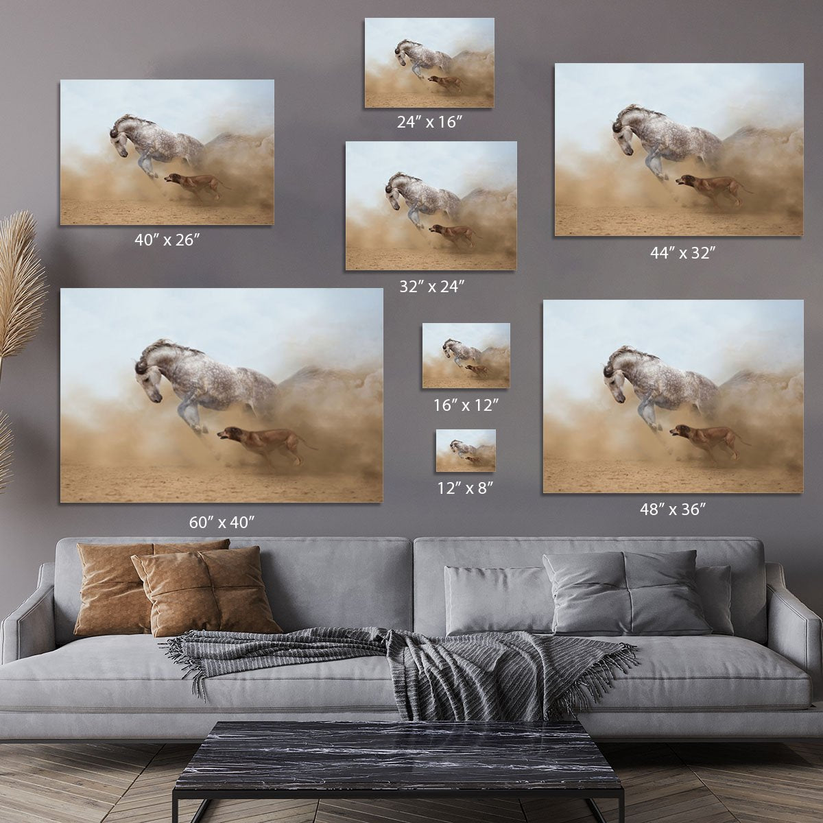 Lusitanian horse is playing with the Rhodesian Ridgeback dog Canvas Print or Poster