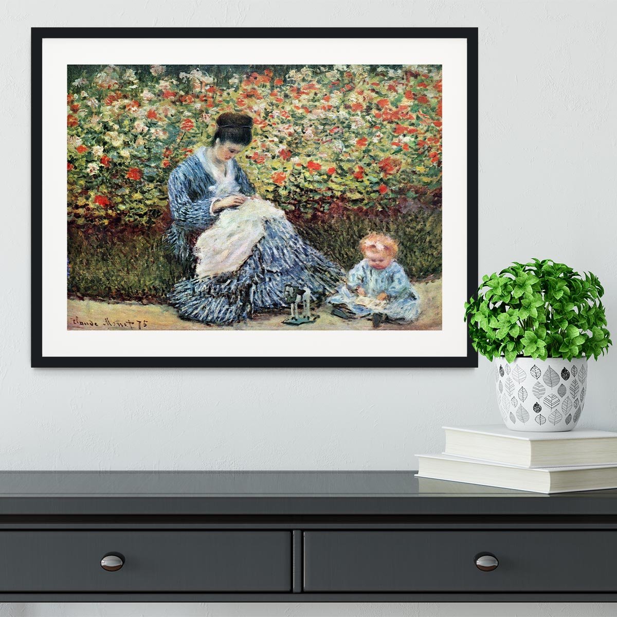 Madame Monet and child by Monet Framed Print - Canvas Art Rocks - 1