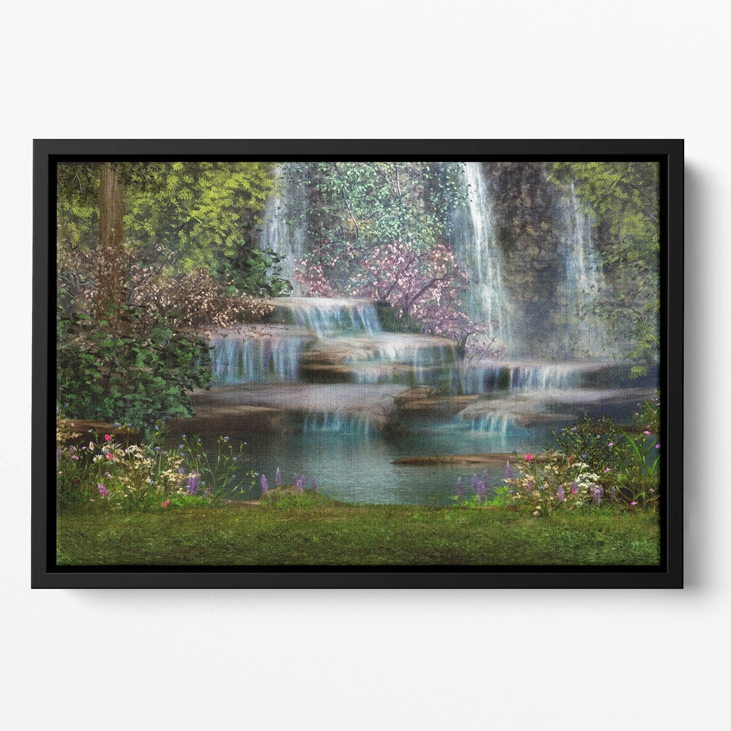 Magical landscape with waterfalls Floating Framed Canvas
