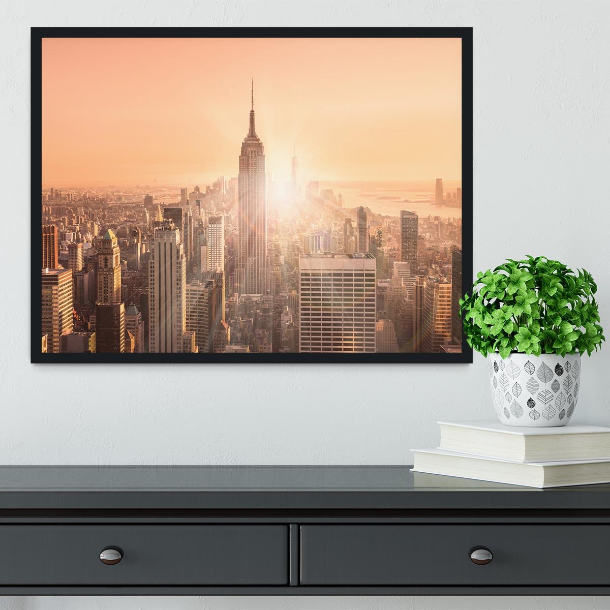 Manhattan downtown skyline with illuminated Empire State Building Framed Print - Canvas Art Rocks - 2