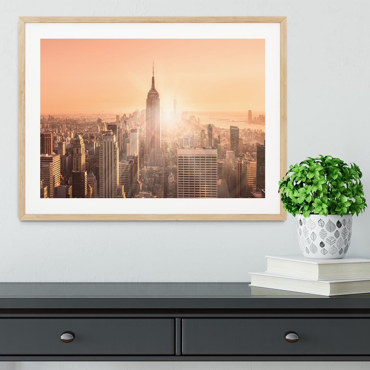 Manhattan downtown skyline with illuminated Empire State Building Framed Print - Canvas Art Rocks - 3
