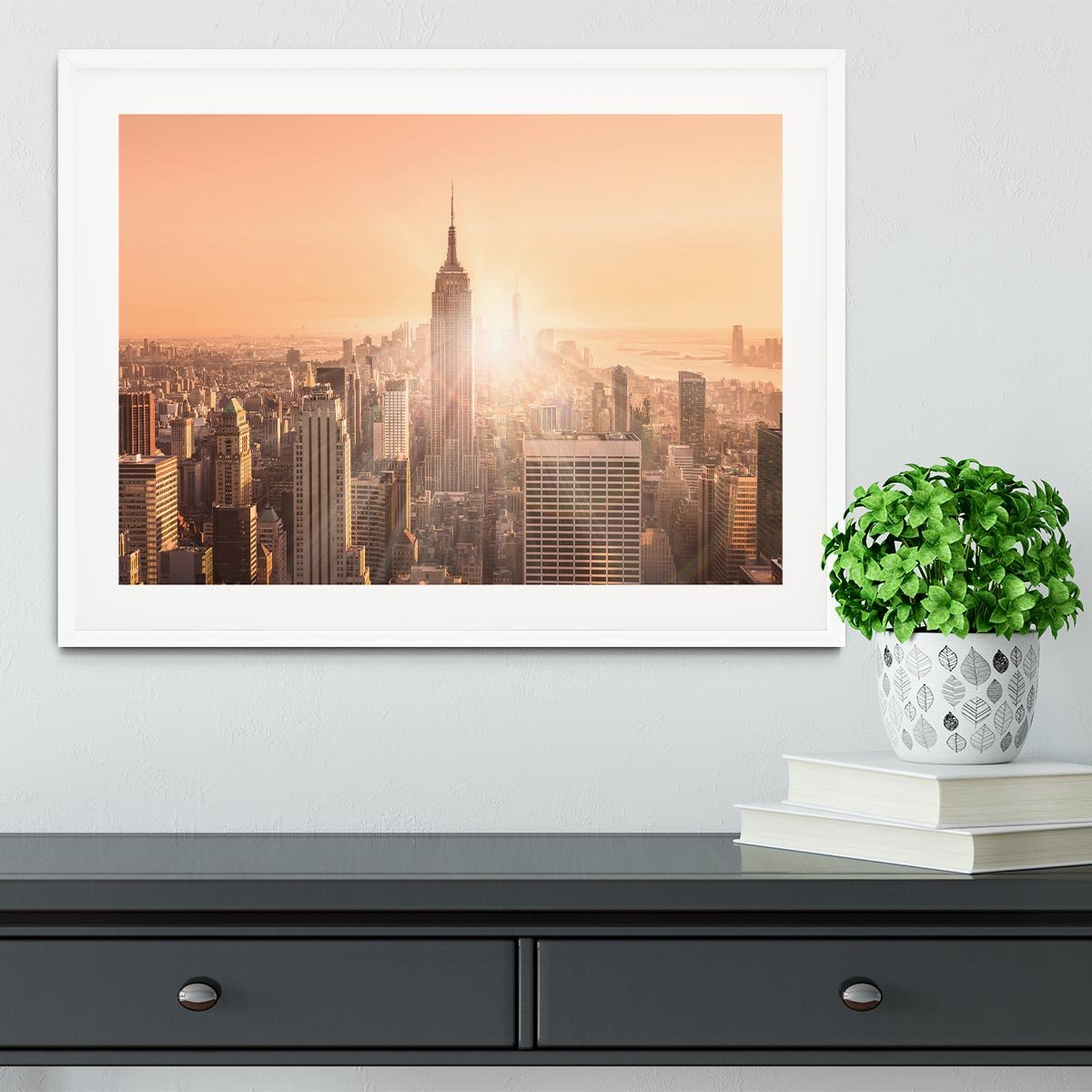 Manhattan downtown skyline with illuminated Empire State Building Framed Print - Canvas Art Rocks - 5