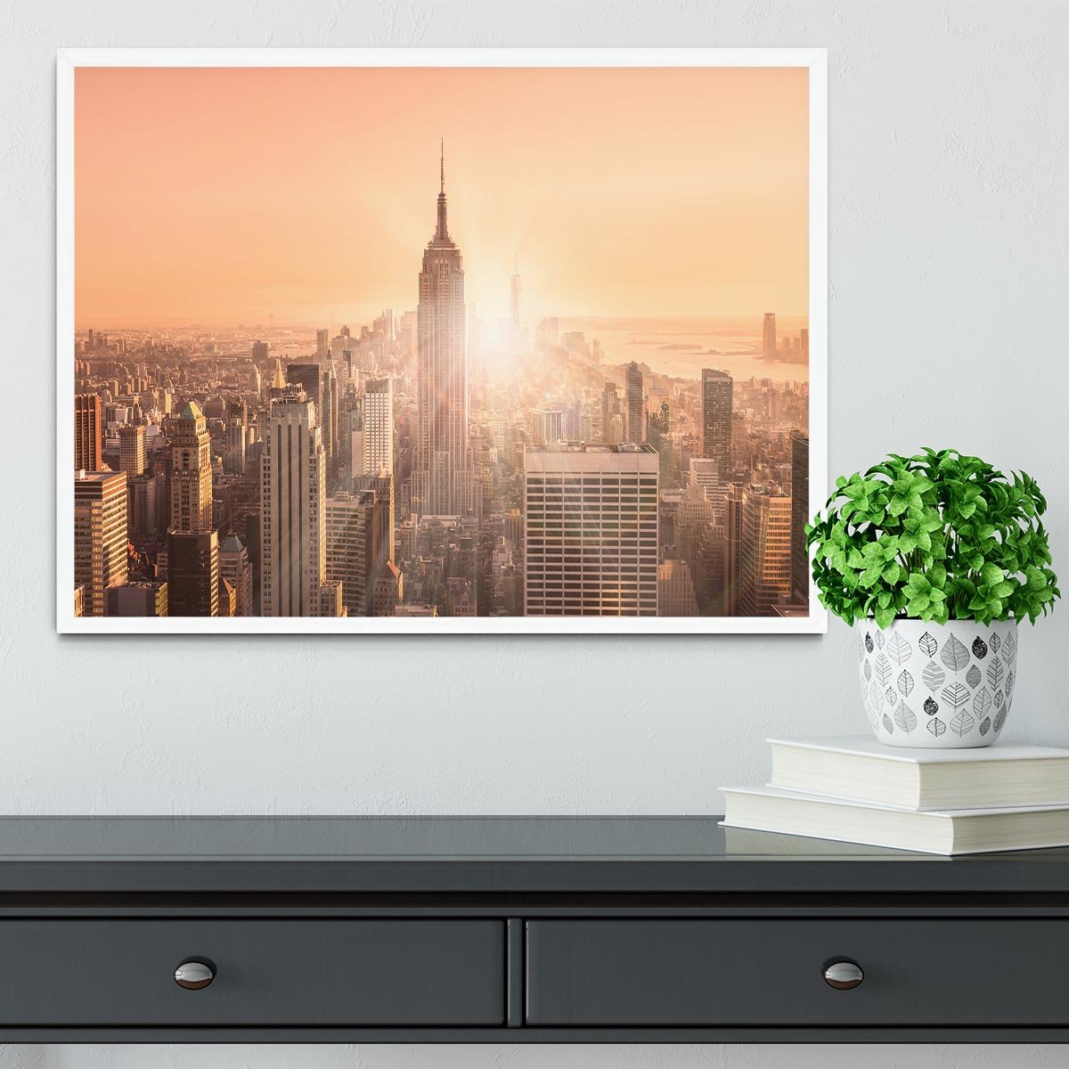 Manhattan downtown skyline with illuminated Empire State Building Framed Print - Canvas Art Rocks -6