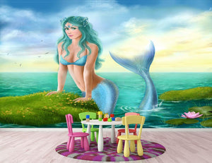 Mermaid in sea Wall Mural Wallpaper - Canvas Art Rocks - 2