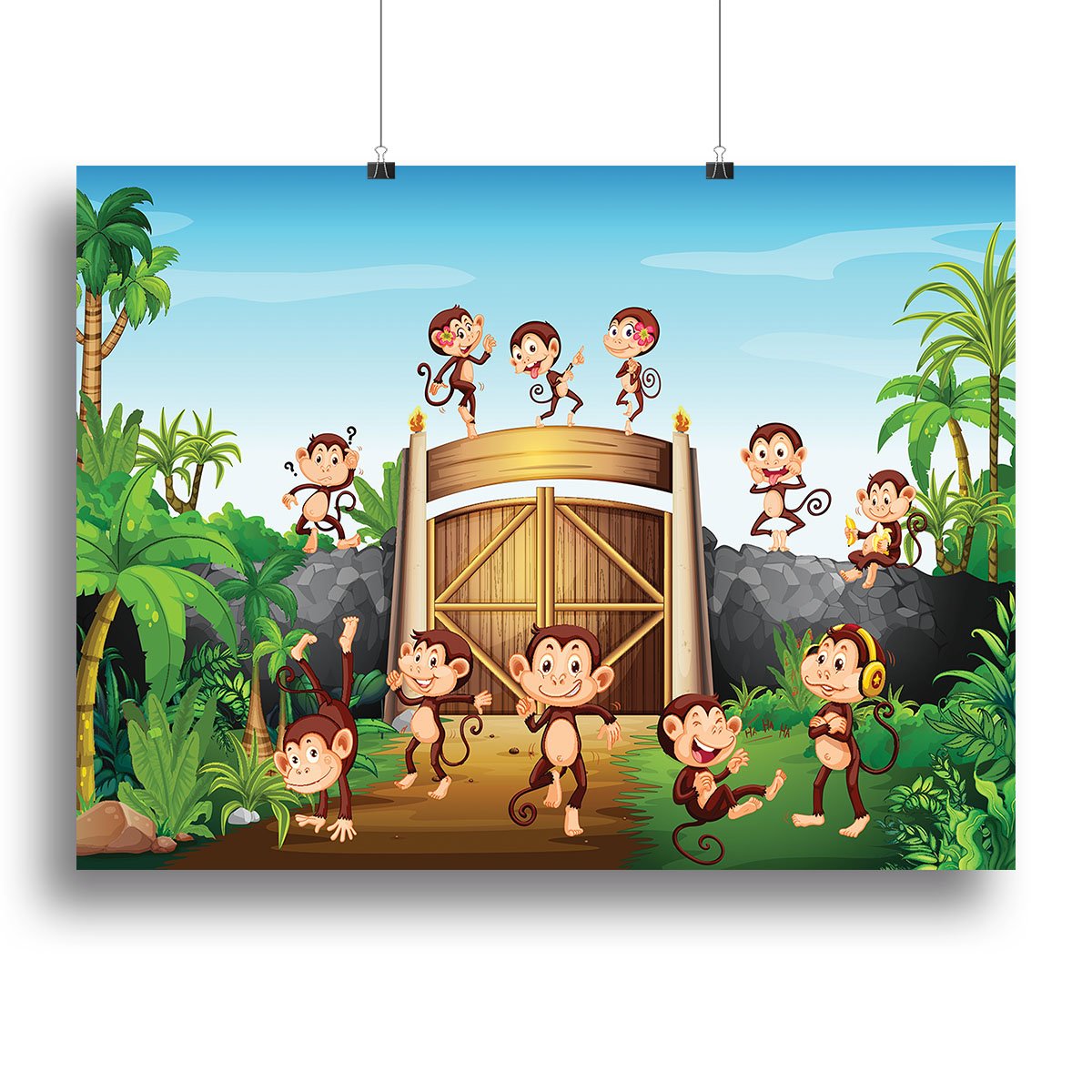 Monkeys having fun at the gate Canvas Print or Poster