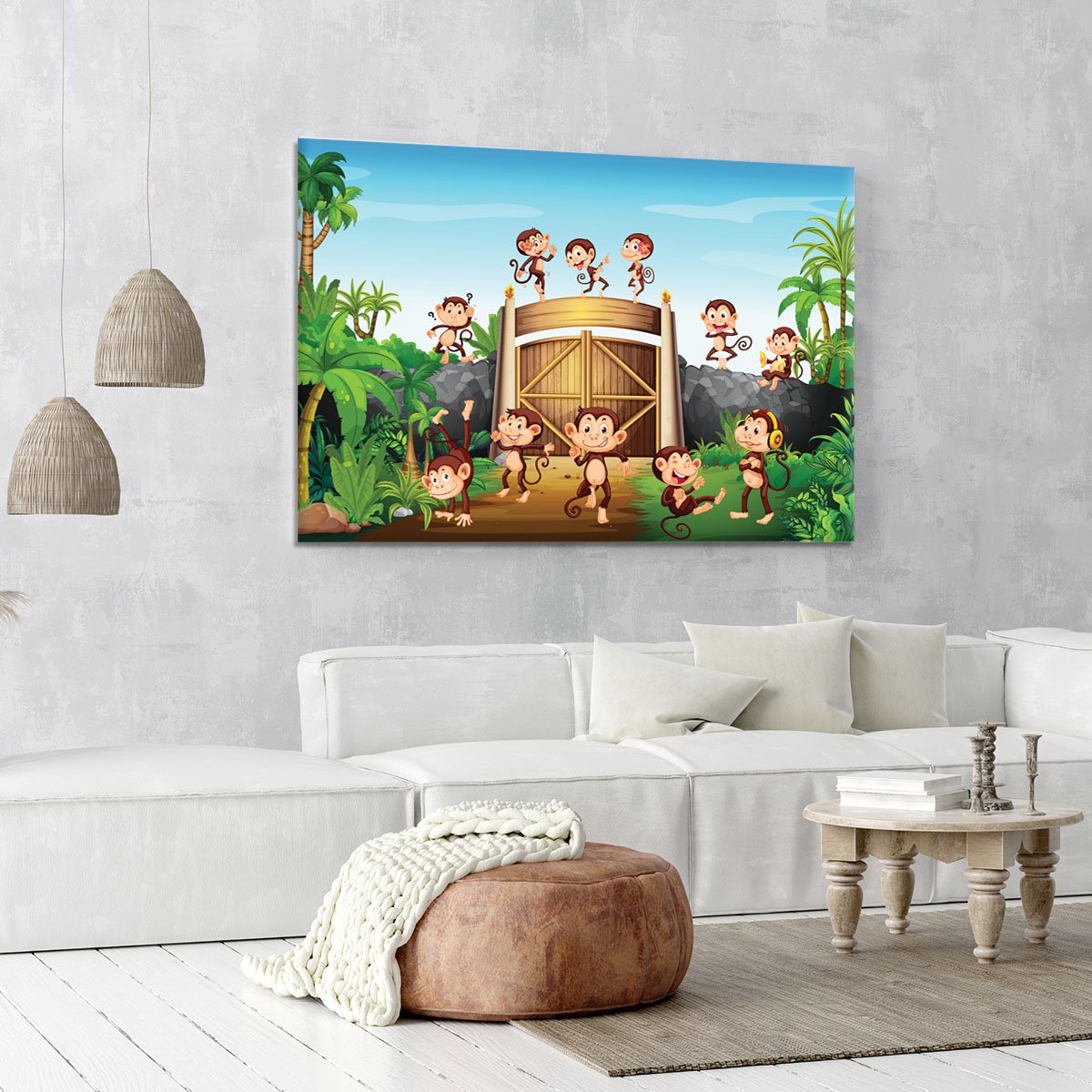Monkeys having fun at the gate Canvas Print or Poster