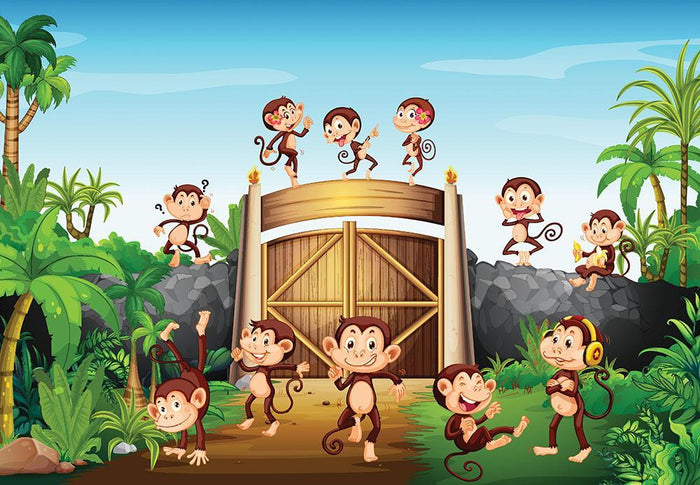 Monkeys having fun at the gate Wall Mural Wallpaper