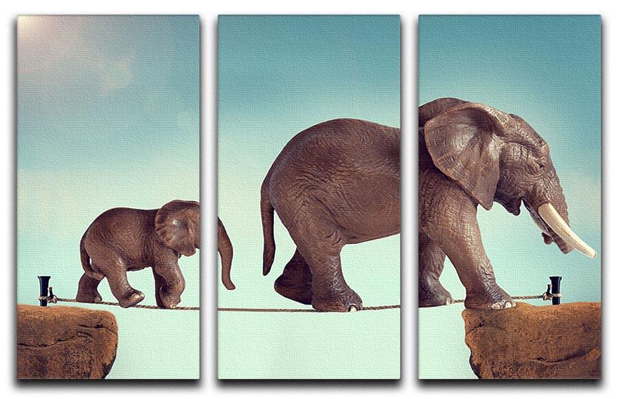 Mother and baby elephant on a tightrope 3 Split Panel Canvas Print - Canvas Art Rocks - 1